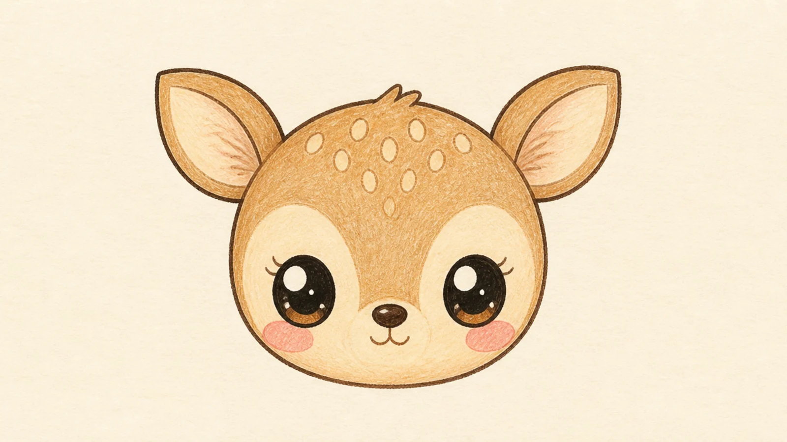 A round kawaii deer face with big glossy eyes and blush cheeks