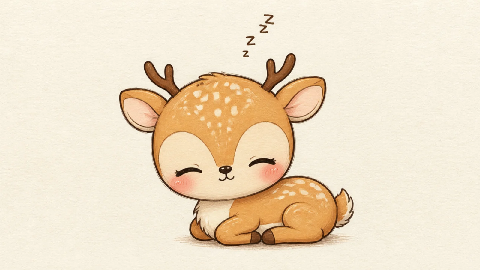 A cozy kawaii deer with closed sleepy eyes and floating sleep marks