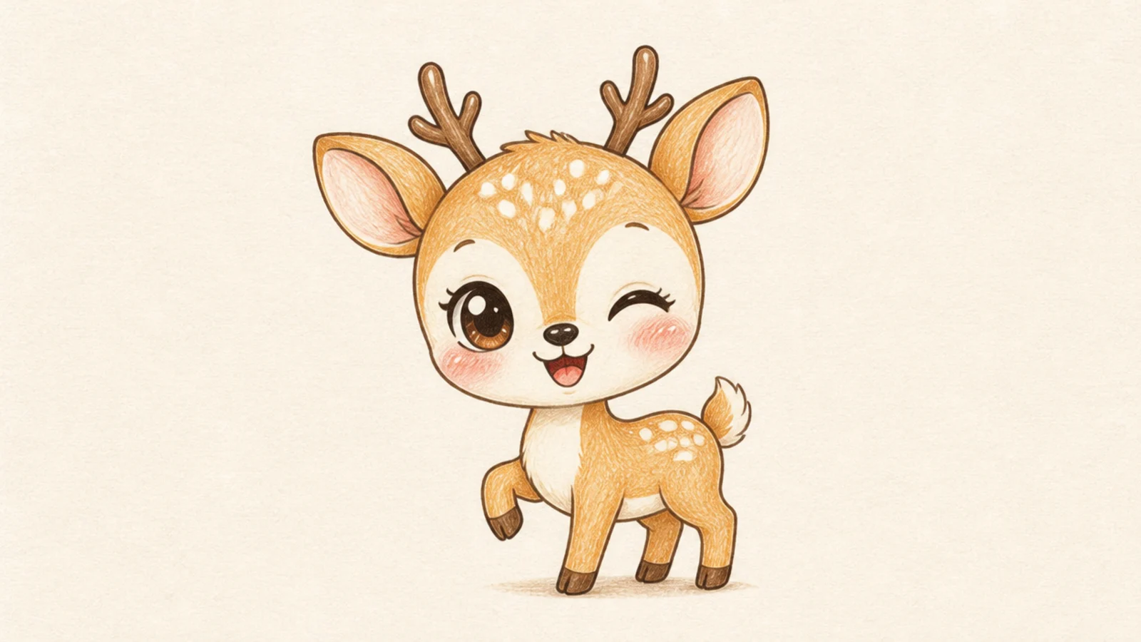 A playful kawaii deer with one eye open and one winking