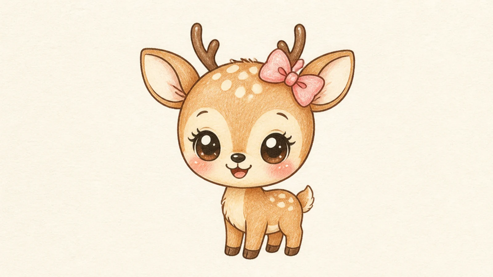A kawaii deer wearing a small bow on the top of its head
