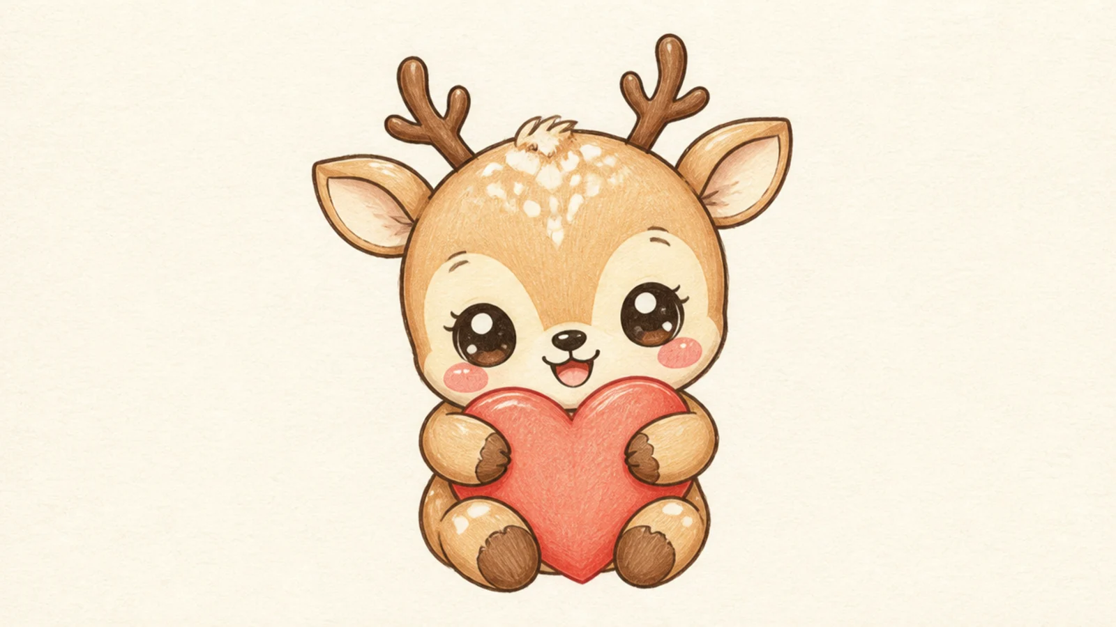 A kawaii deer hugging a small heart with its little legs