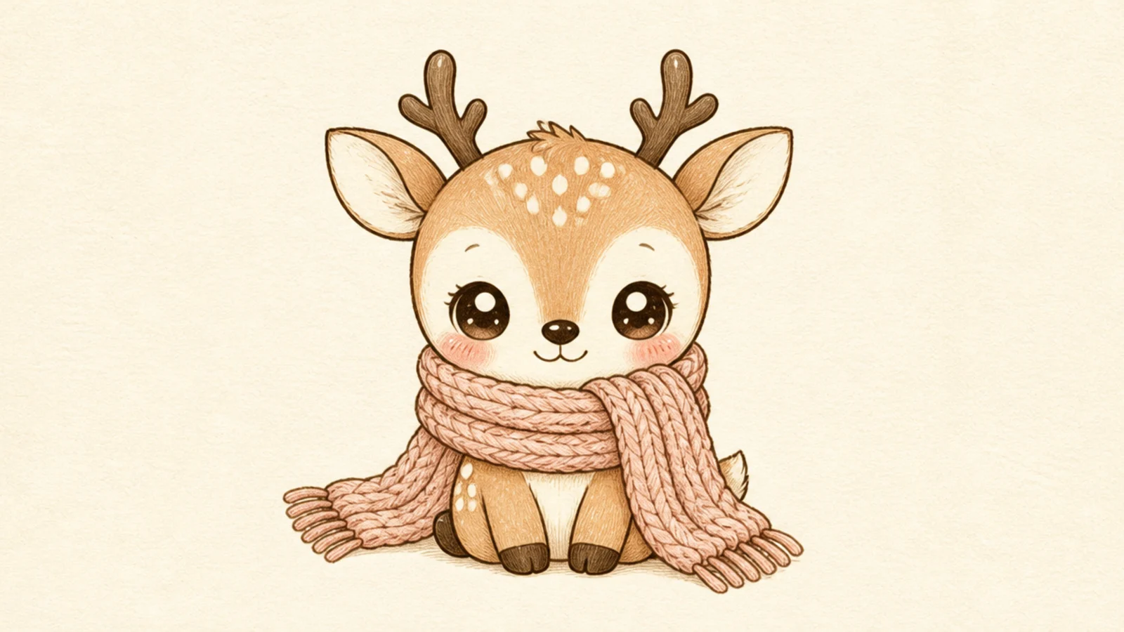 A kawaii deer wrapped in a soft knitted scarf