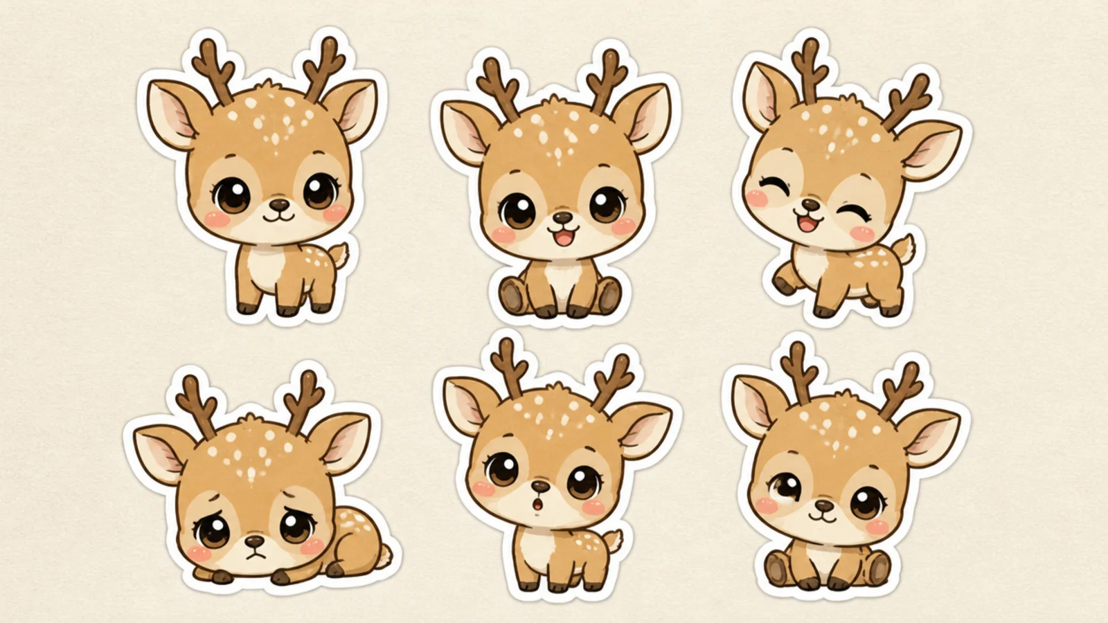 A sheet of small matching kawaii deer with different expressions