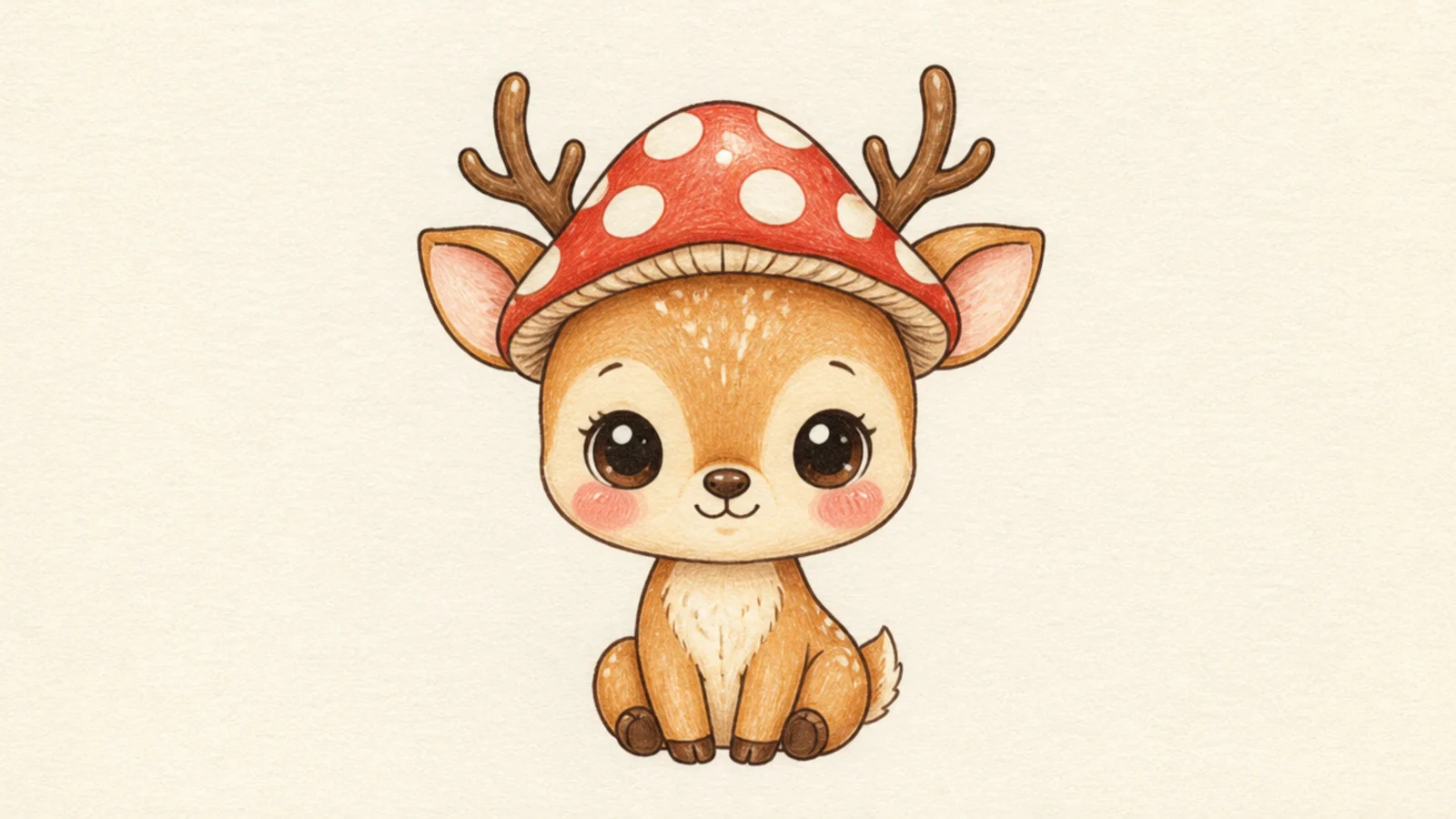 A kawaii deer wearing a little red toadstool cap as a hat
