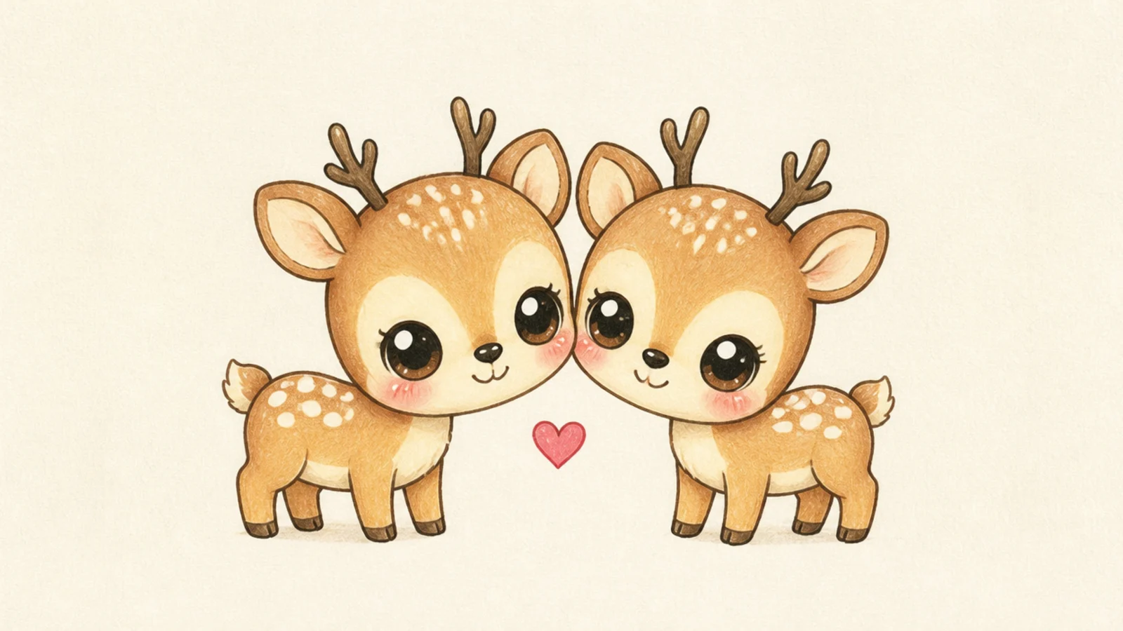 Two kawaii deer leaning together with a heart between them