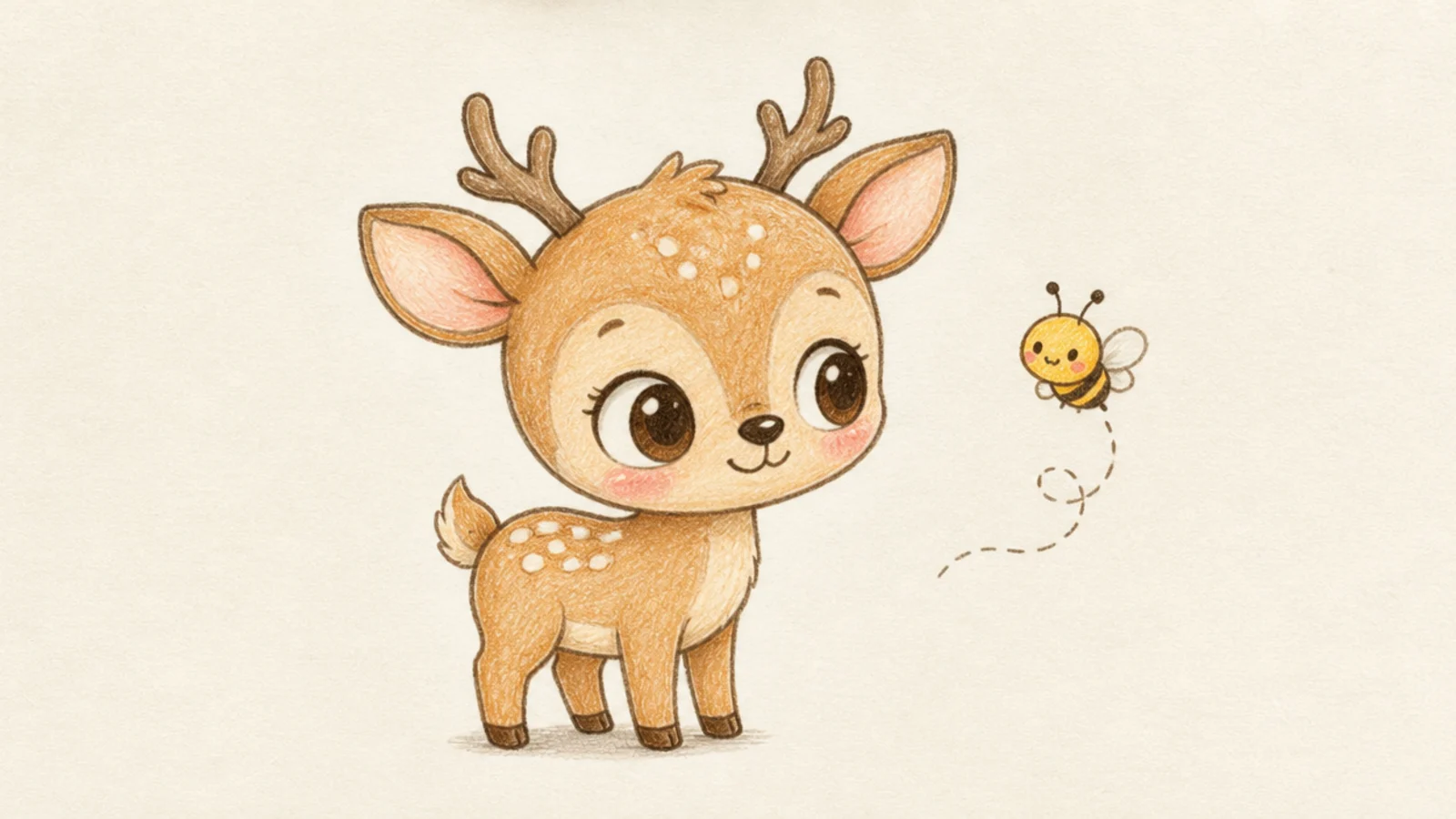 A kawaii deer with a tiny smiling bee buzzing beside it
