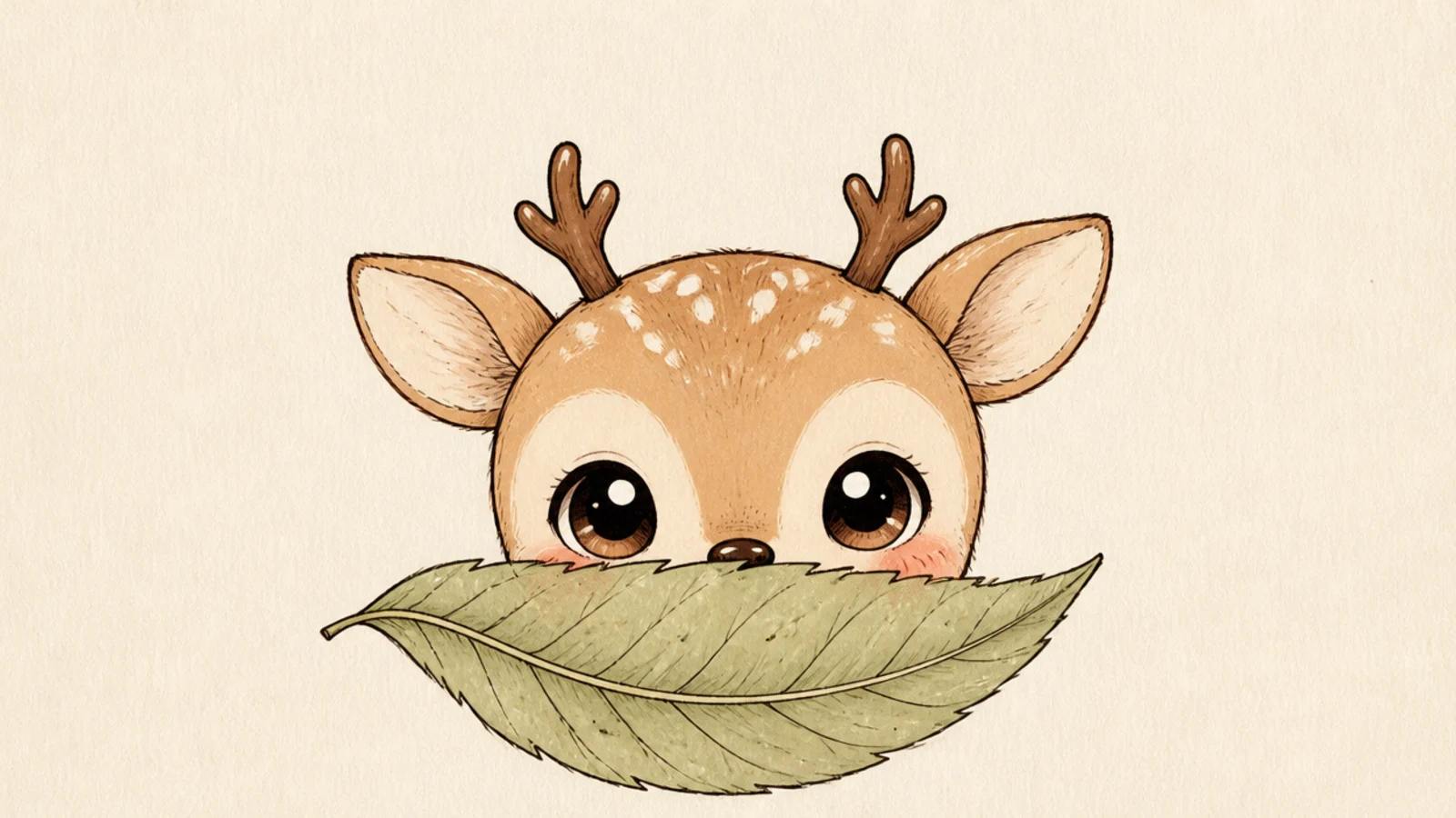 A shy kawaii deer peeking out from behind a large leaf