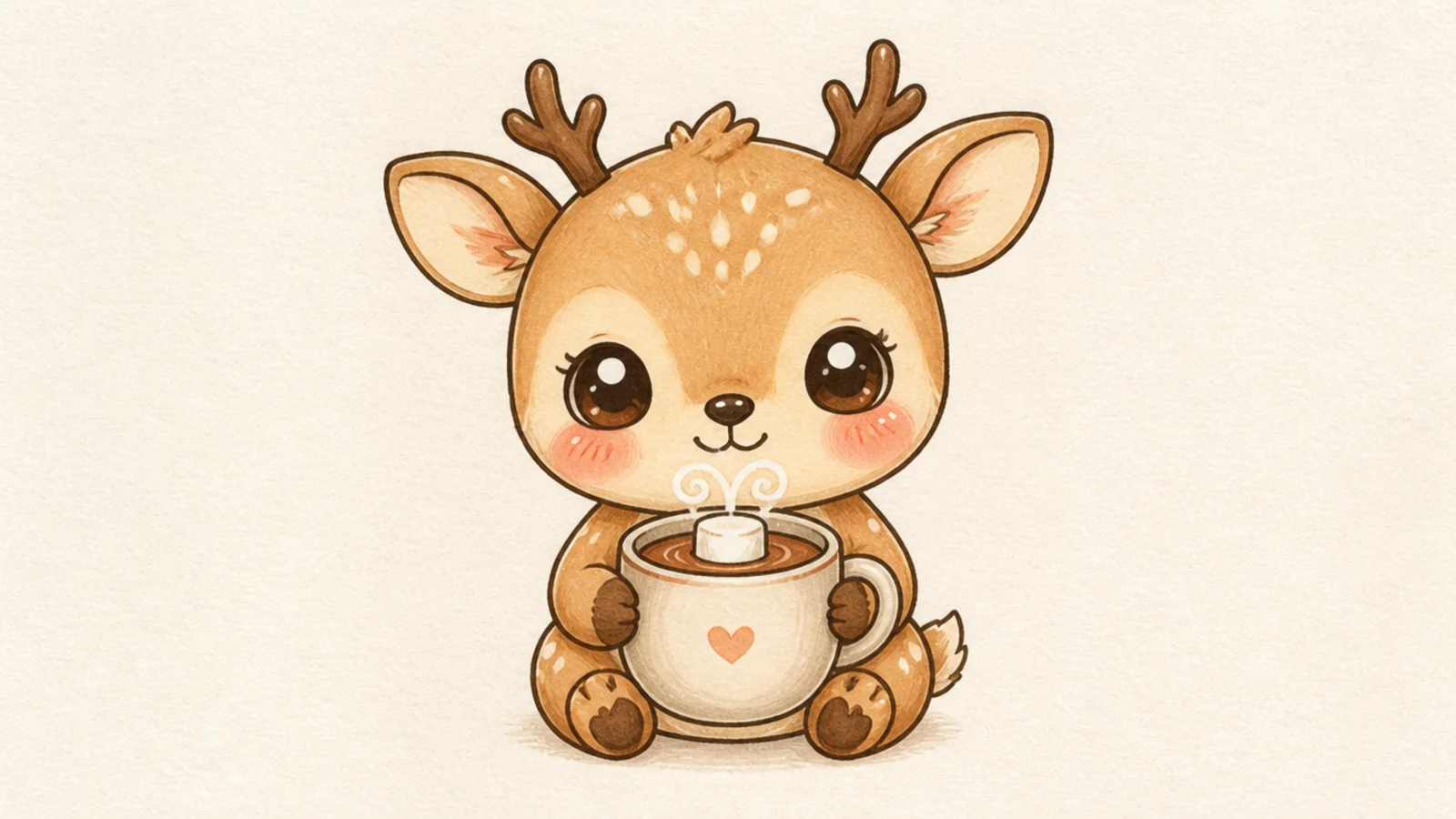 A cozy kawaii deer holding a steaming mug of cocoa