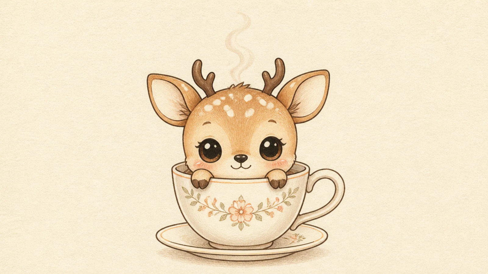 A tiny kawaii deer sitting inside a teacup