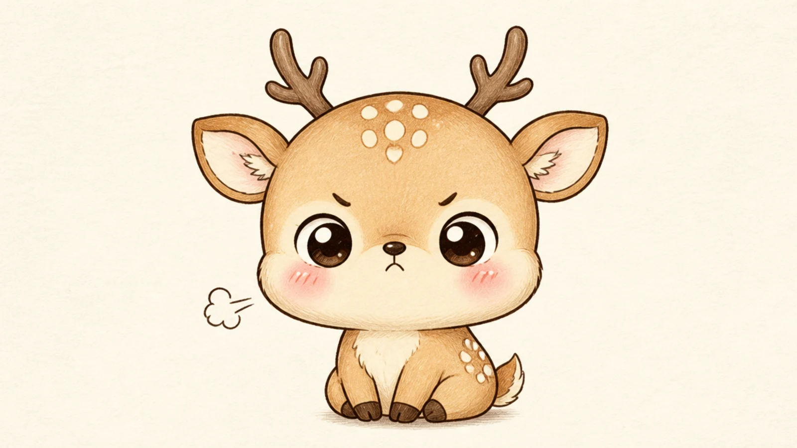 A pouty kawaii deer with a tiny frown and puffed cheeks