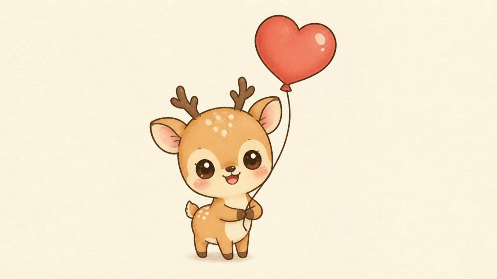 A kawaii deer holding the string of a heart-shaped balloon