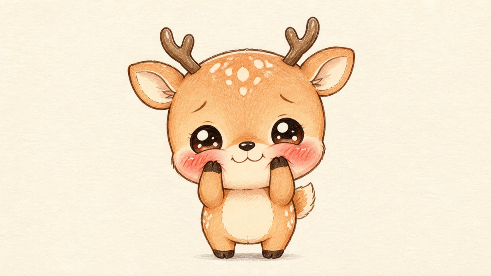 A bashful kawaii deer pressing its little hooves to its cheeks