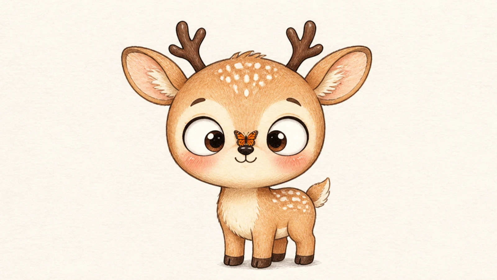A kawaii deer with a small butterfly perched on its nose