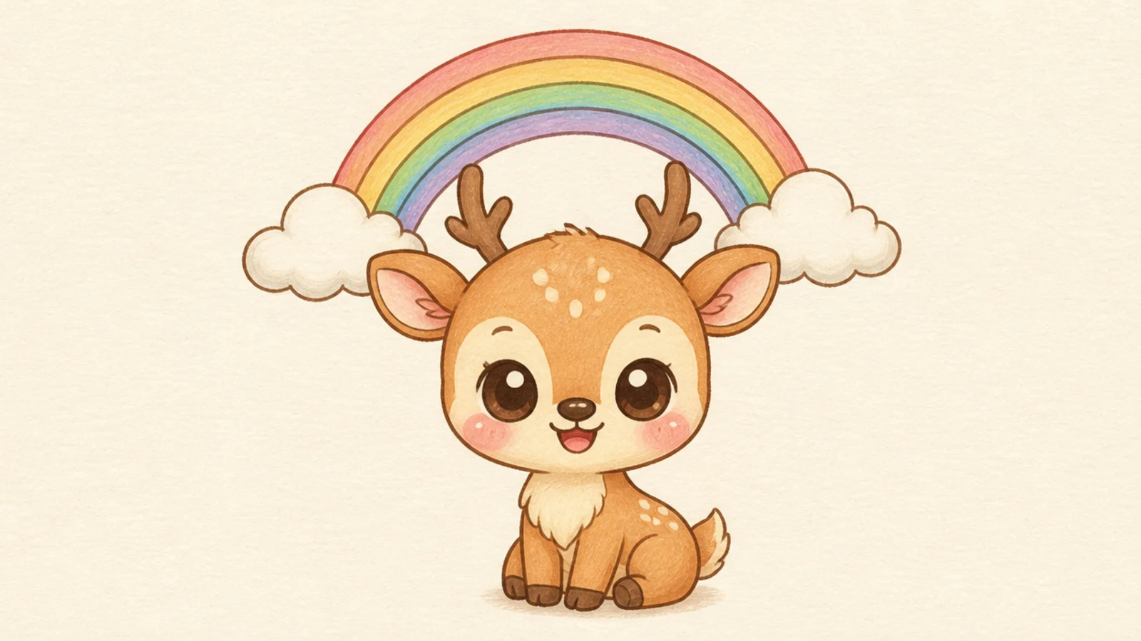 A cheerful kawaii deer with a rainbow arching over it