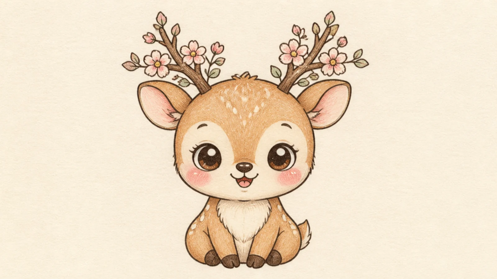 A kawaii deer with tiny flowers blooming on its little antlers