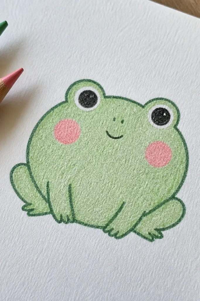 Green frog sitting with round eyes and pink cheek circles