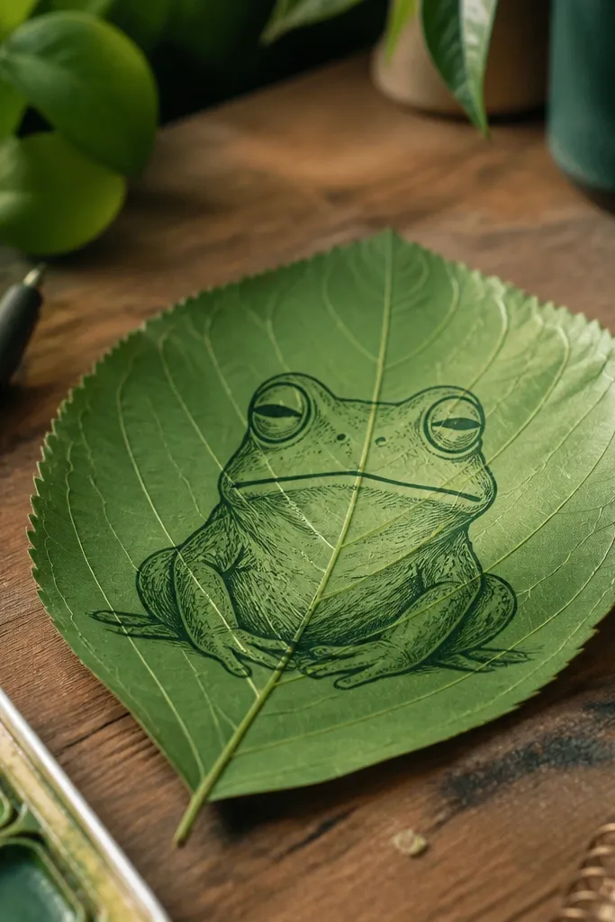 Sleeping frog with half-closed eyes resting on a green leaf
