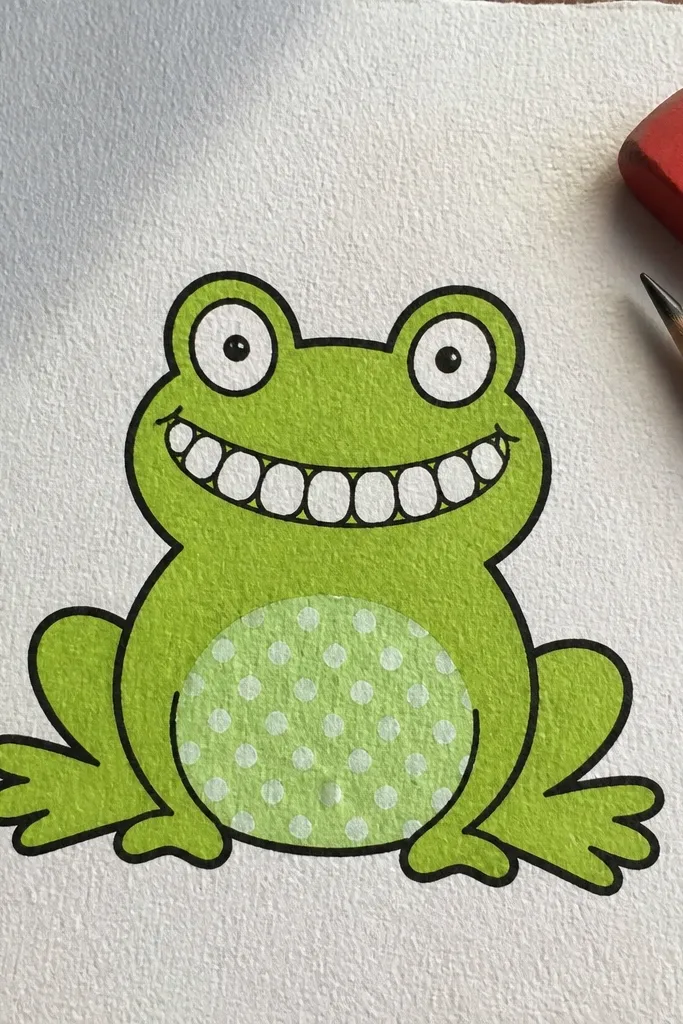 Green frog with a wide smile and small polka dots on its belly