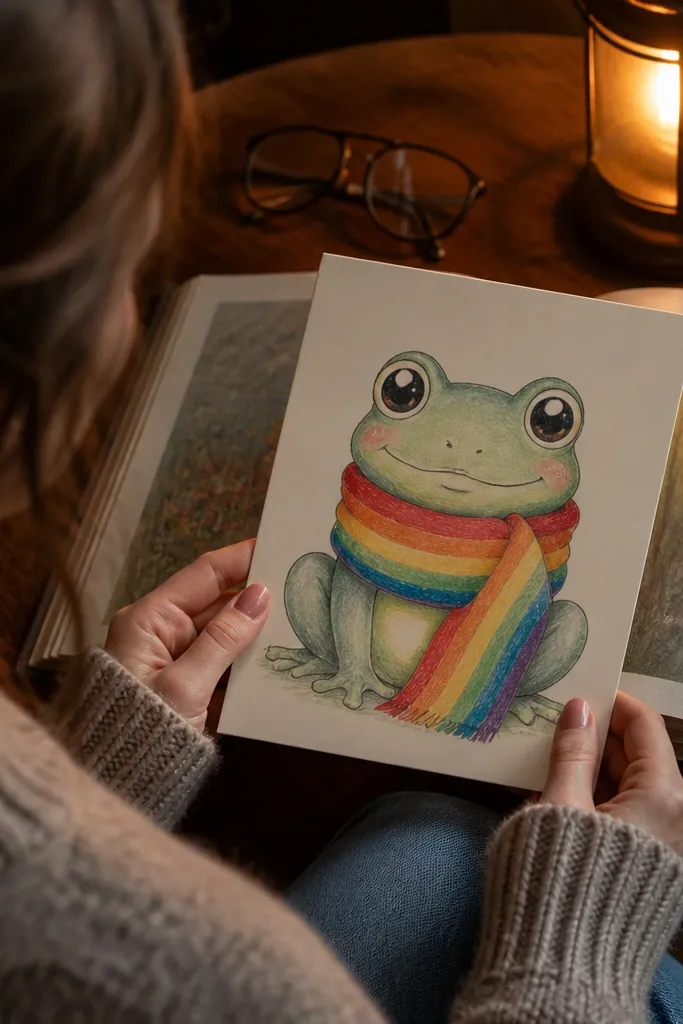 Frog wearing a rainbow scarf reading a small open book