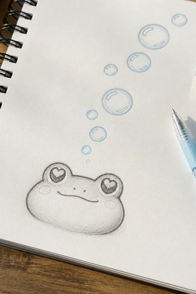 Frog with heart-shaped eyes blowing bubble circles