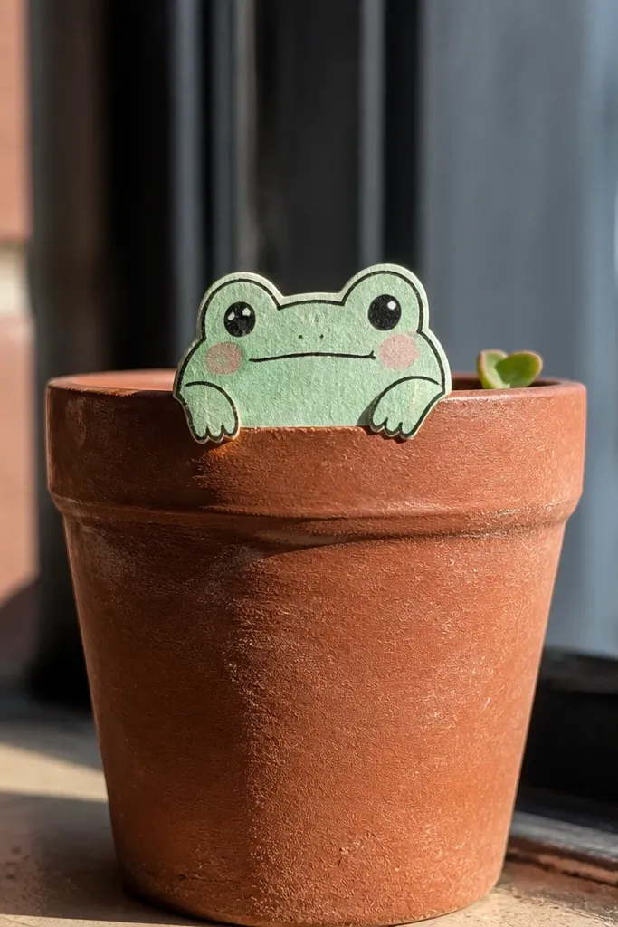Chubby frog peeking from a small plant pot with a leaf