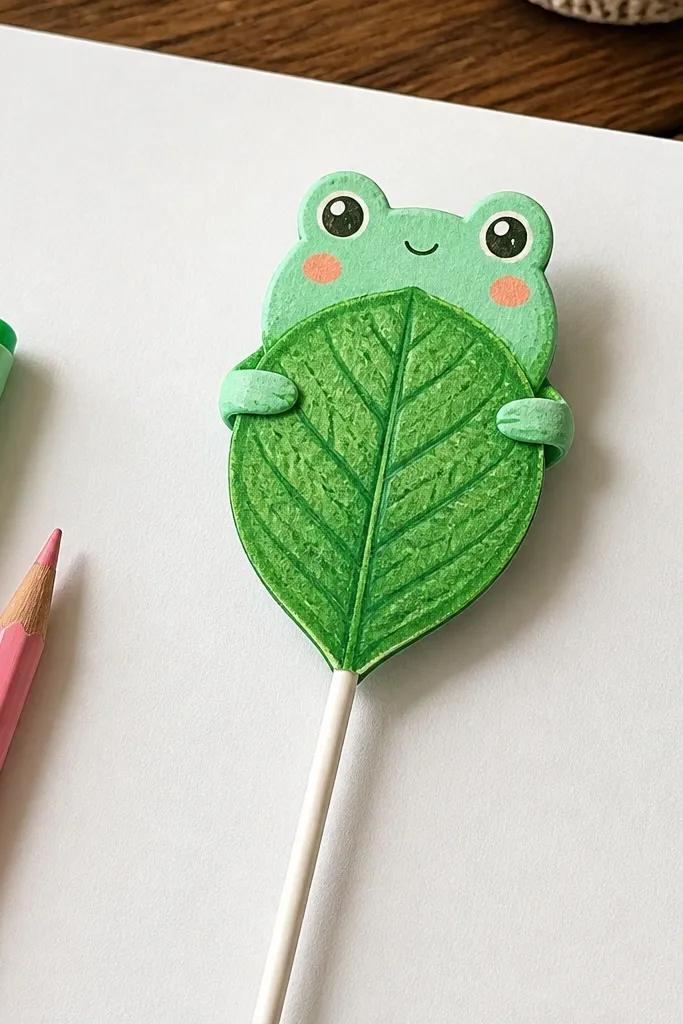 Frog holding a leaf shaped like a lollipop with a stick