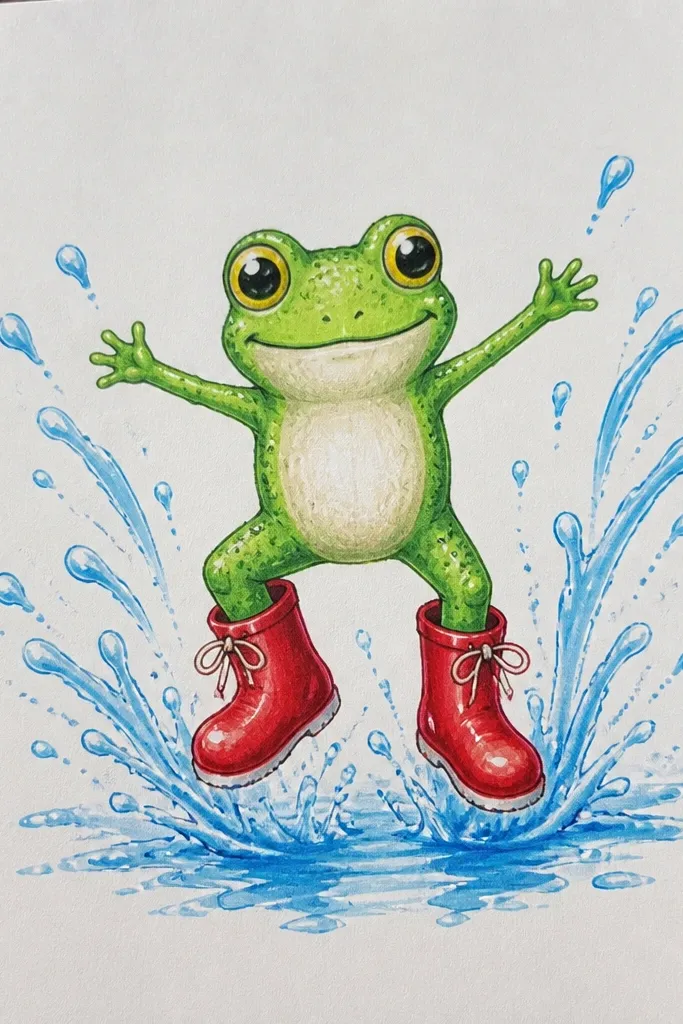 Frog in red rain boots with splash marks around its feet