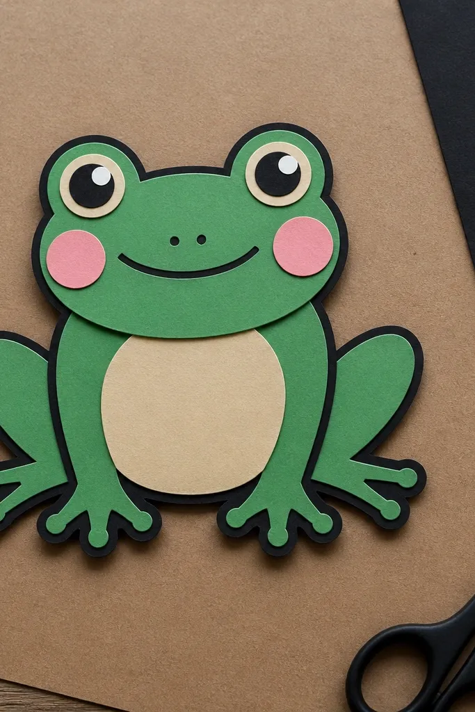 Frog with bold black outline and layered colored shapes like paper cut
