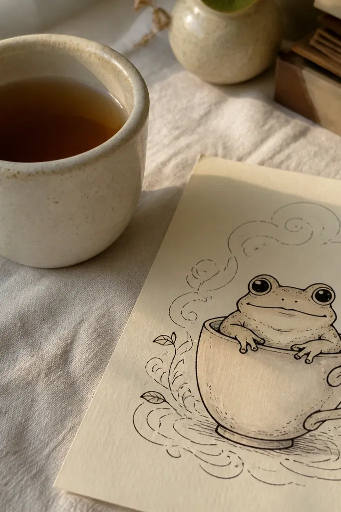Frog peeking into a teacup with swirling steam lines