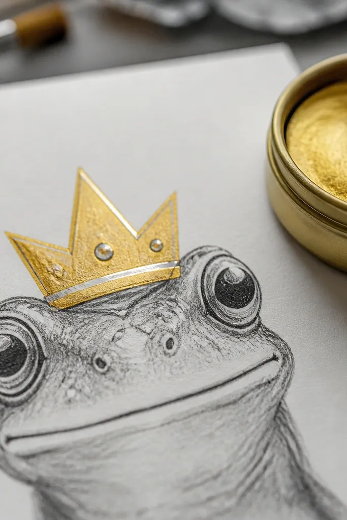 Green frog with a small gold crown and a confident smile