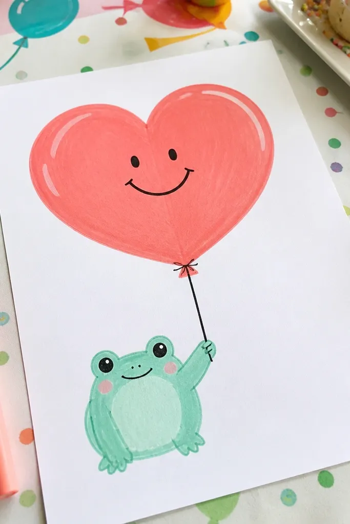 Frog holding a heart balloon with a smiley face