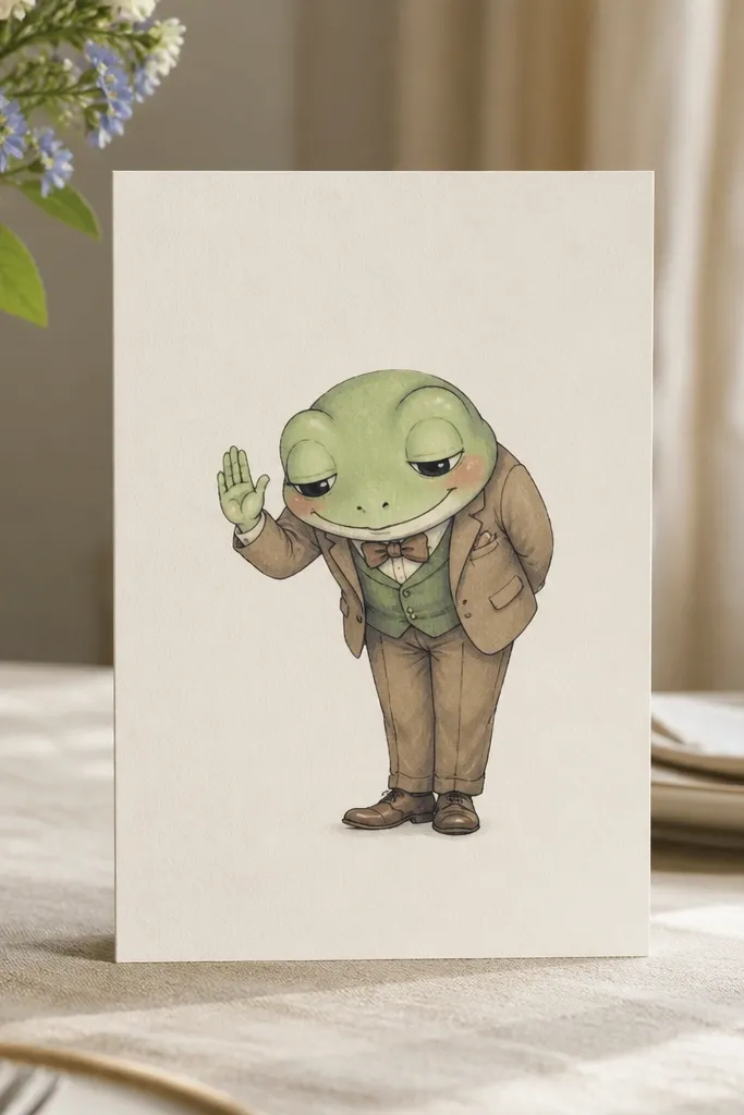 Frog bowing forward with a small hand wave and closed smile