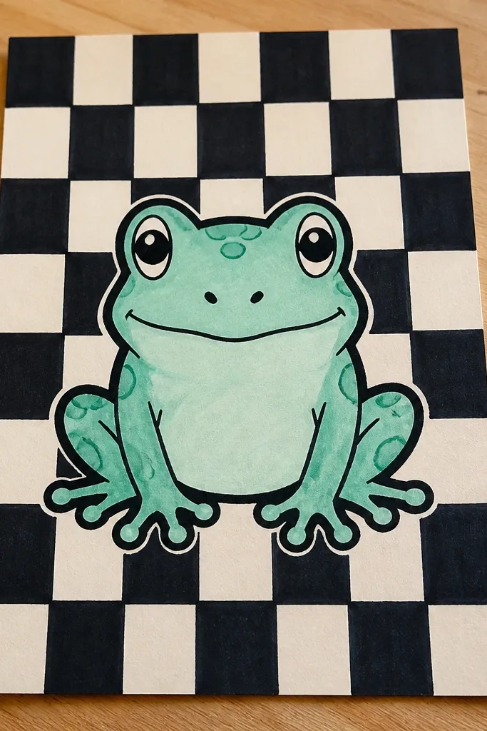 Frog centered on a simple black and white checkerboard pattern
