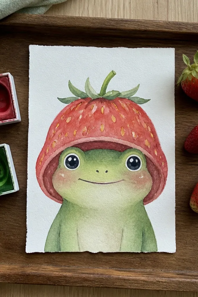 Frog wearing a strawberry hat with green leaves on top