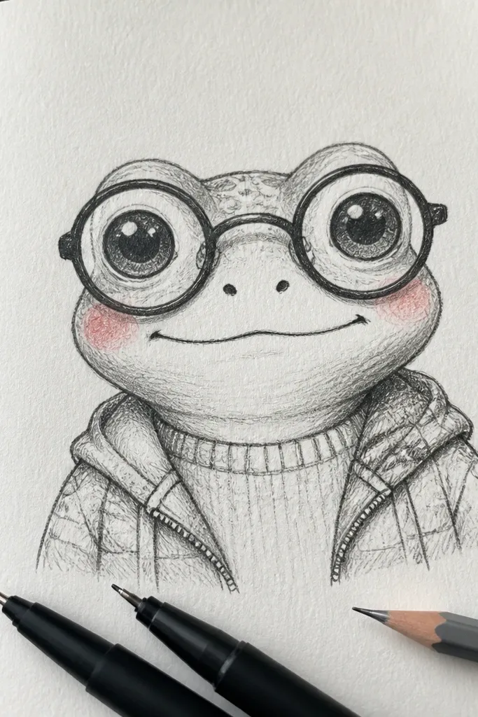 Frog with round glasses, big eyes, and a cheerful smile