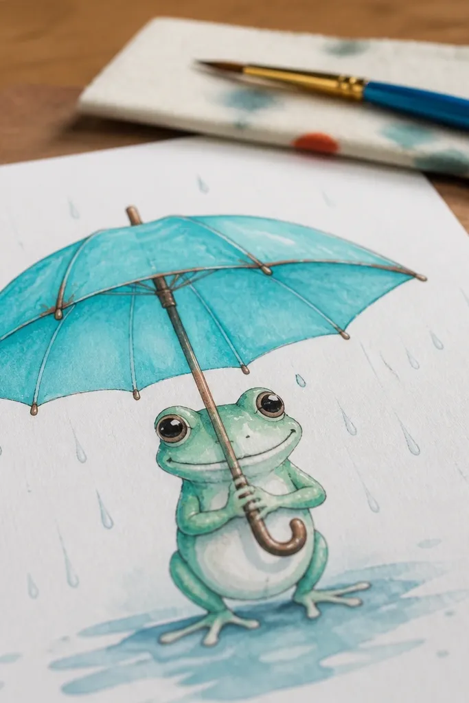 Frog holding a small umbrella with raindrops falling