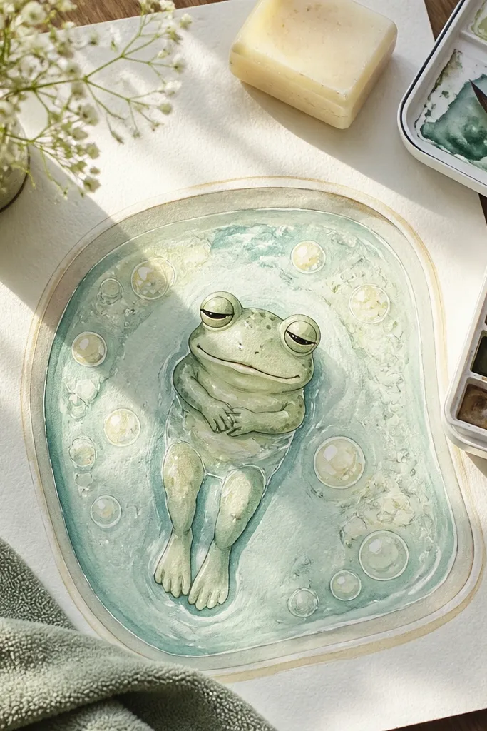 Frog relaxing in a bubble bath with two soap bubbles and a small sparkle