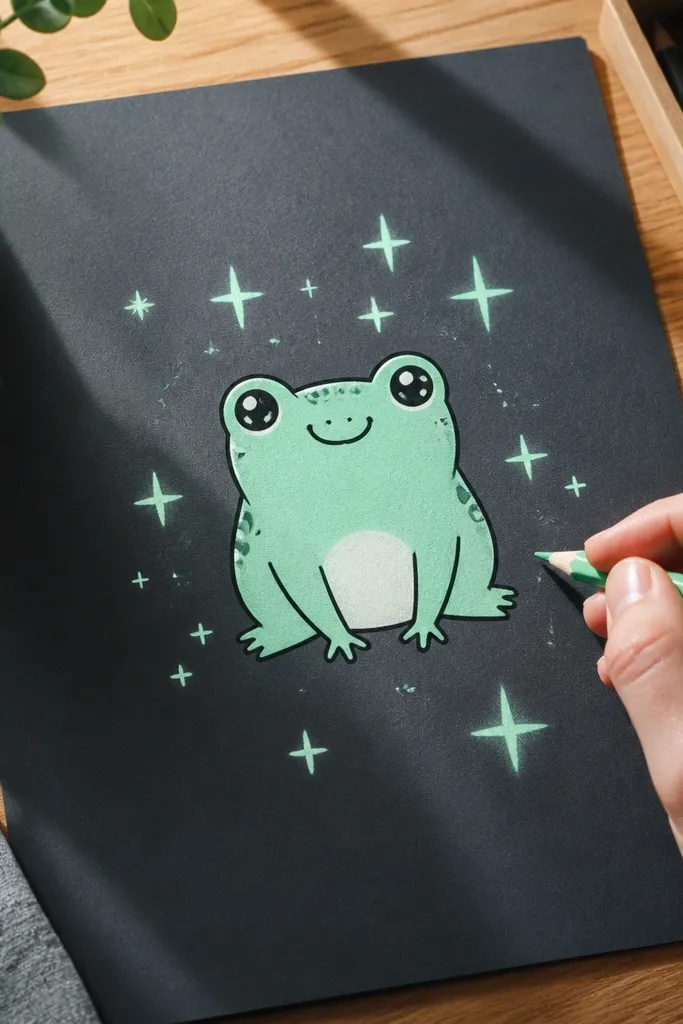 Standing frog with star sparkles around it and a happy smile