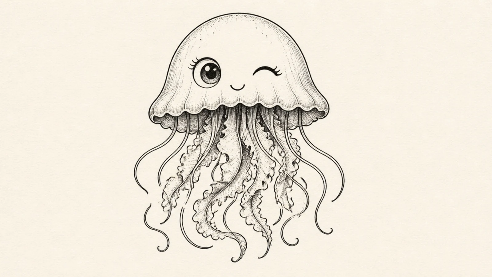 A cute jellyfish winking with one open eye and one closed curved eye