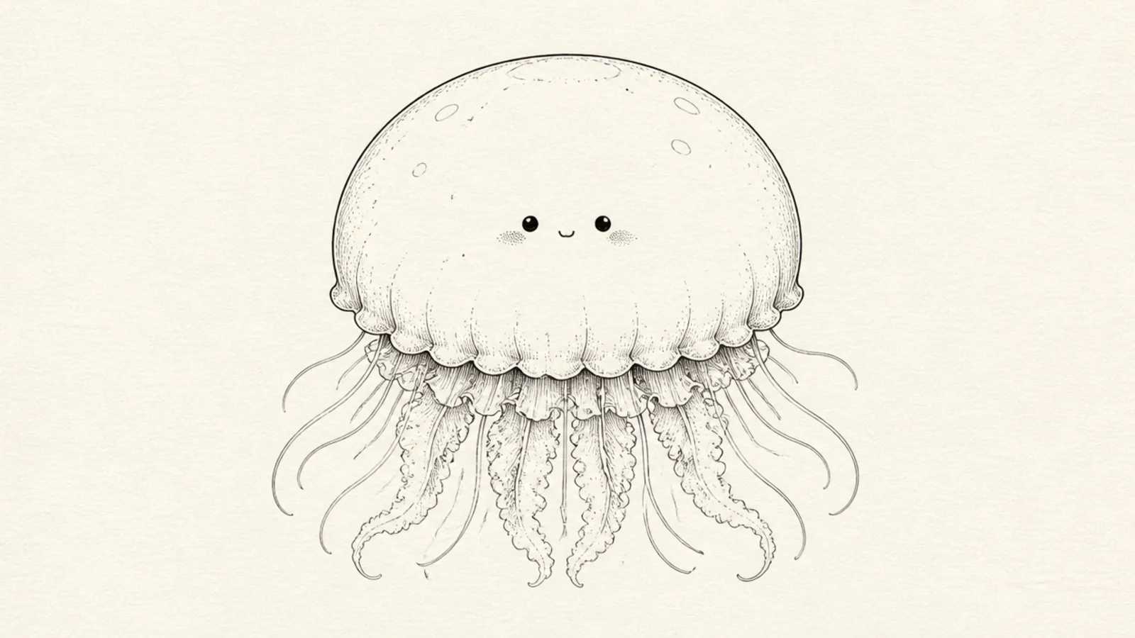 An extra round, plump jellyfish with a tiny face and stubby tentacles