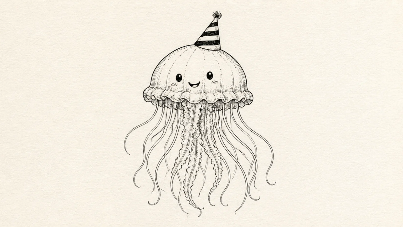 A cheerful jellyfish wearing a little striped party hat