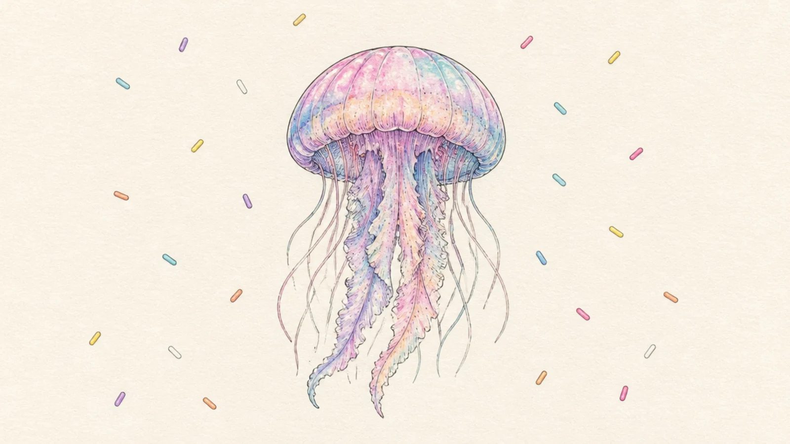 A pastel jellyfish decorated with tiny colorful sprinkles like ice cream