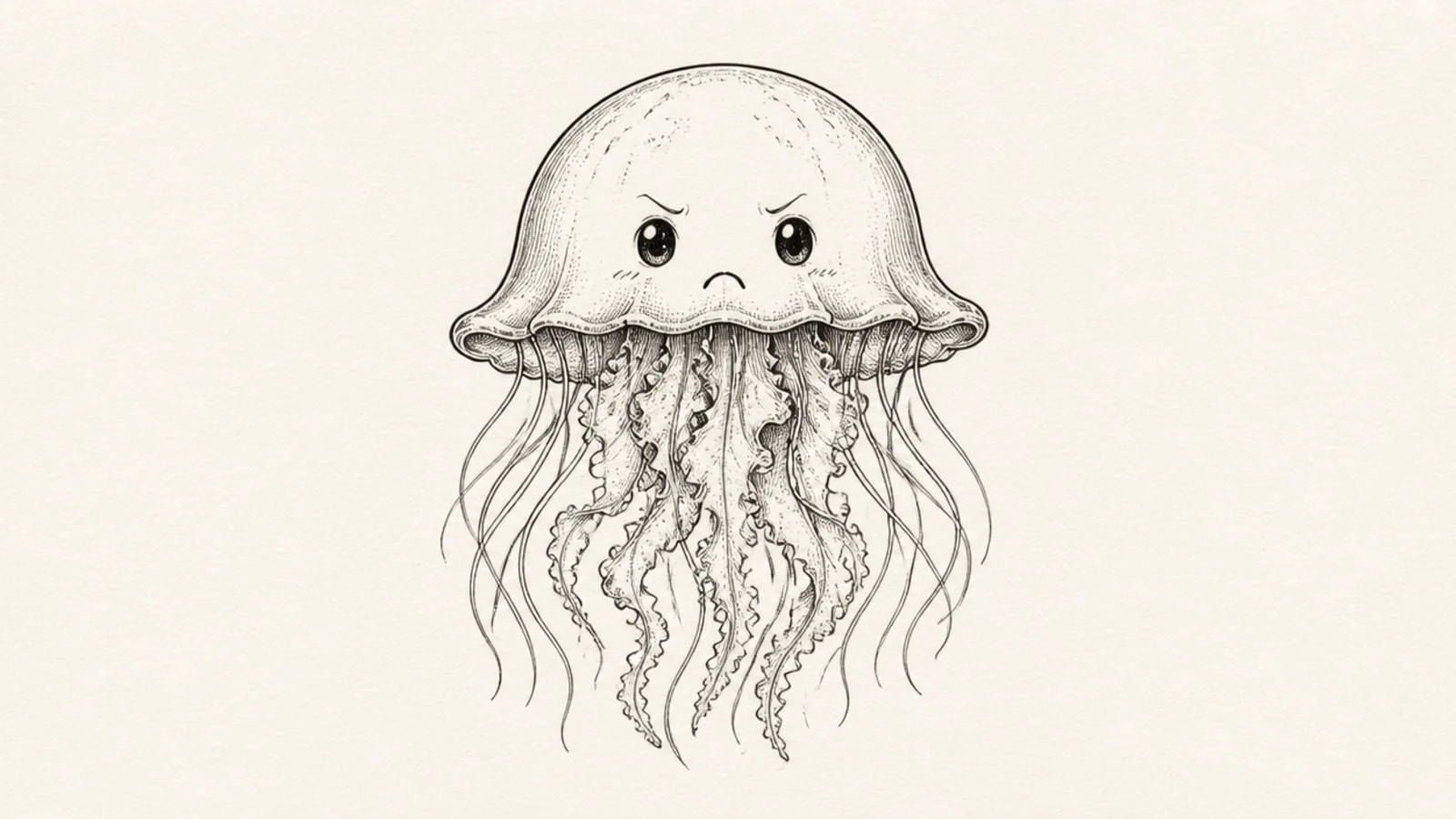 A funny little jellyfish with a small frown and puffed cheeks