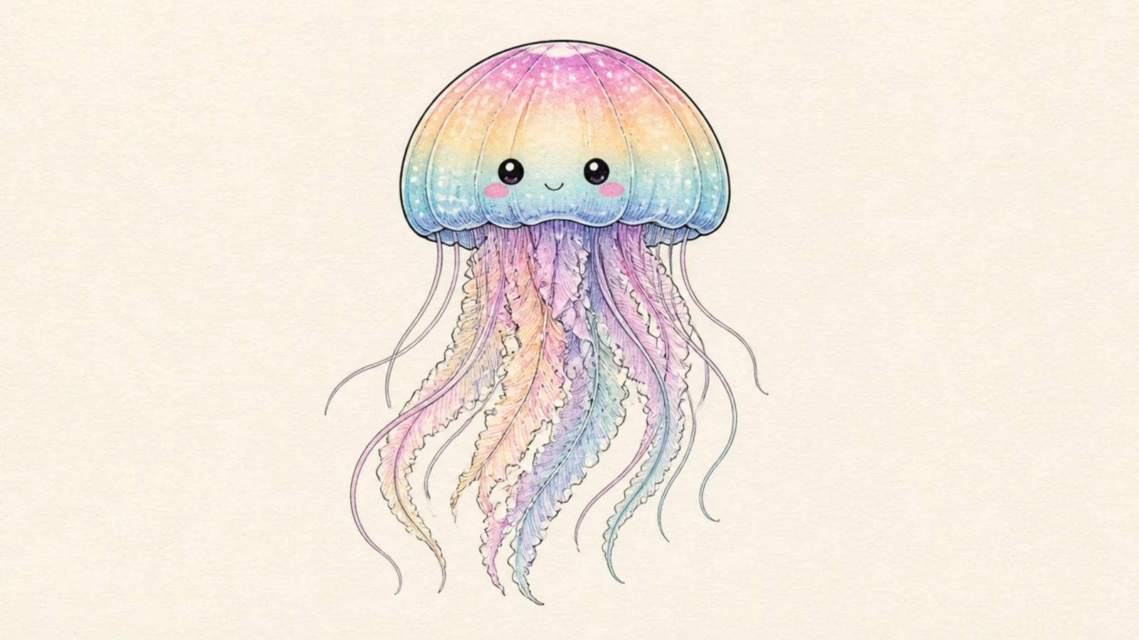 A cute jellyfish with a soft pastel rainbow gradient bell
