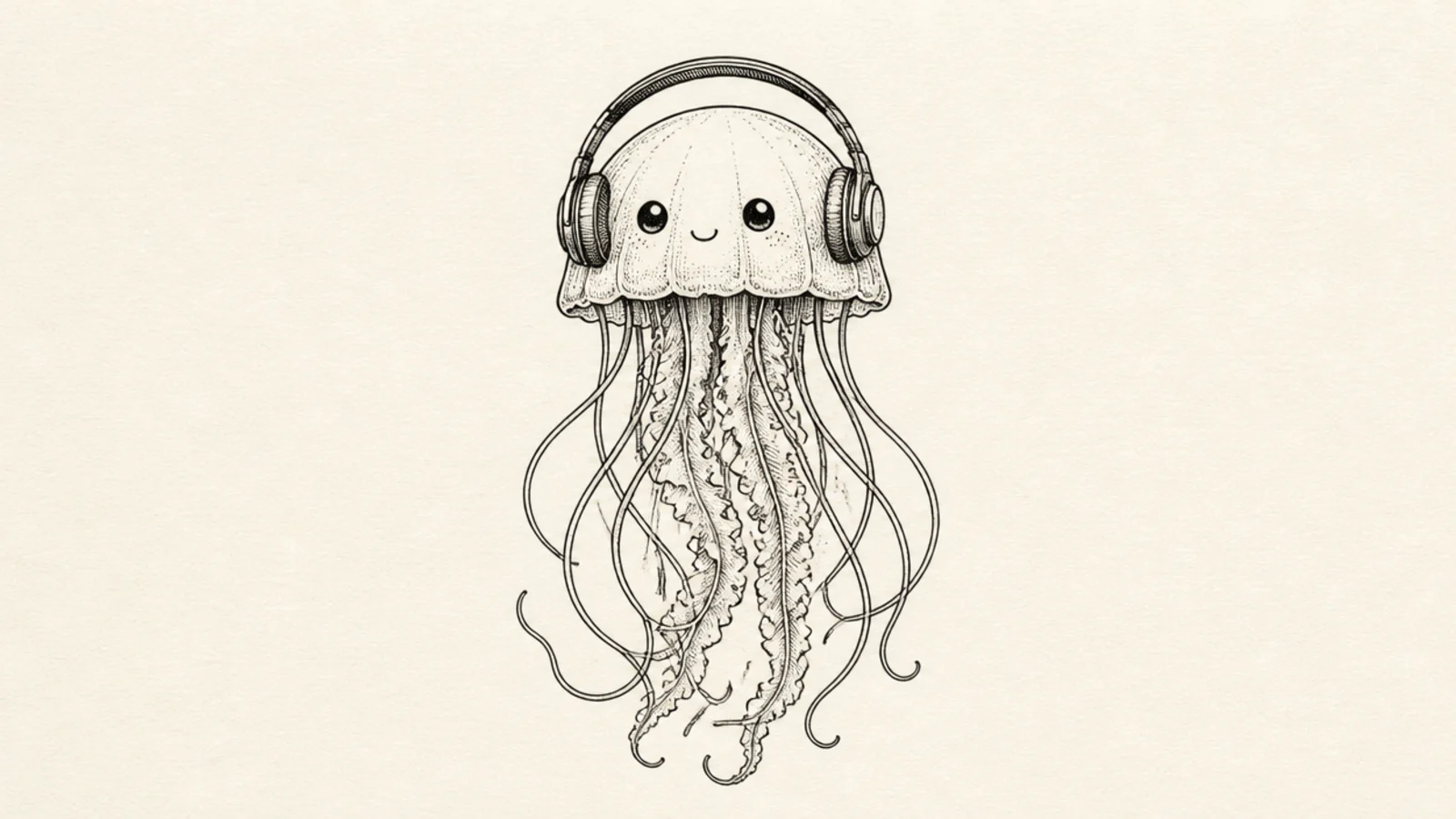 A cute jellyfish wearing little headphones over its bell