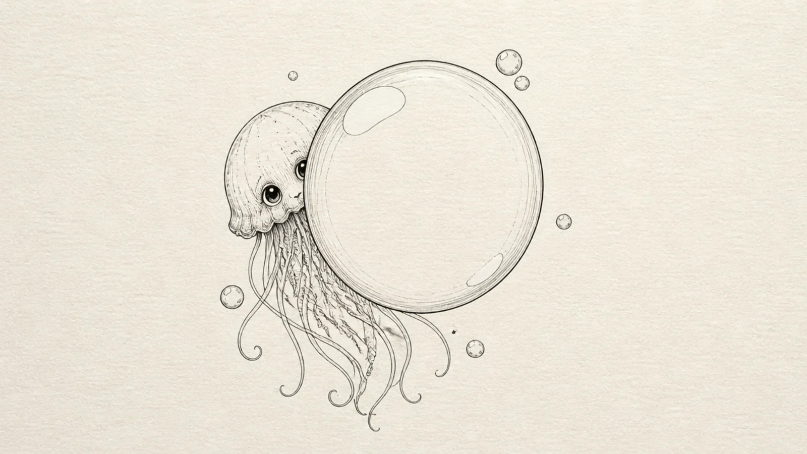 A shy cute jellyfish peeking out from behind a big bubble