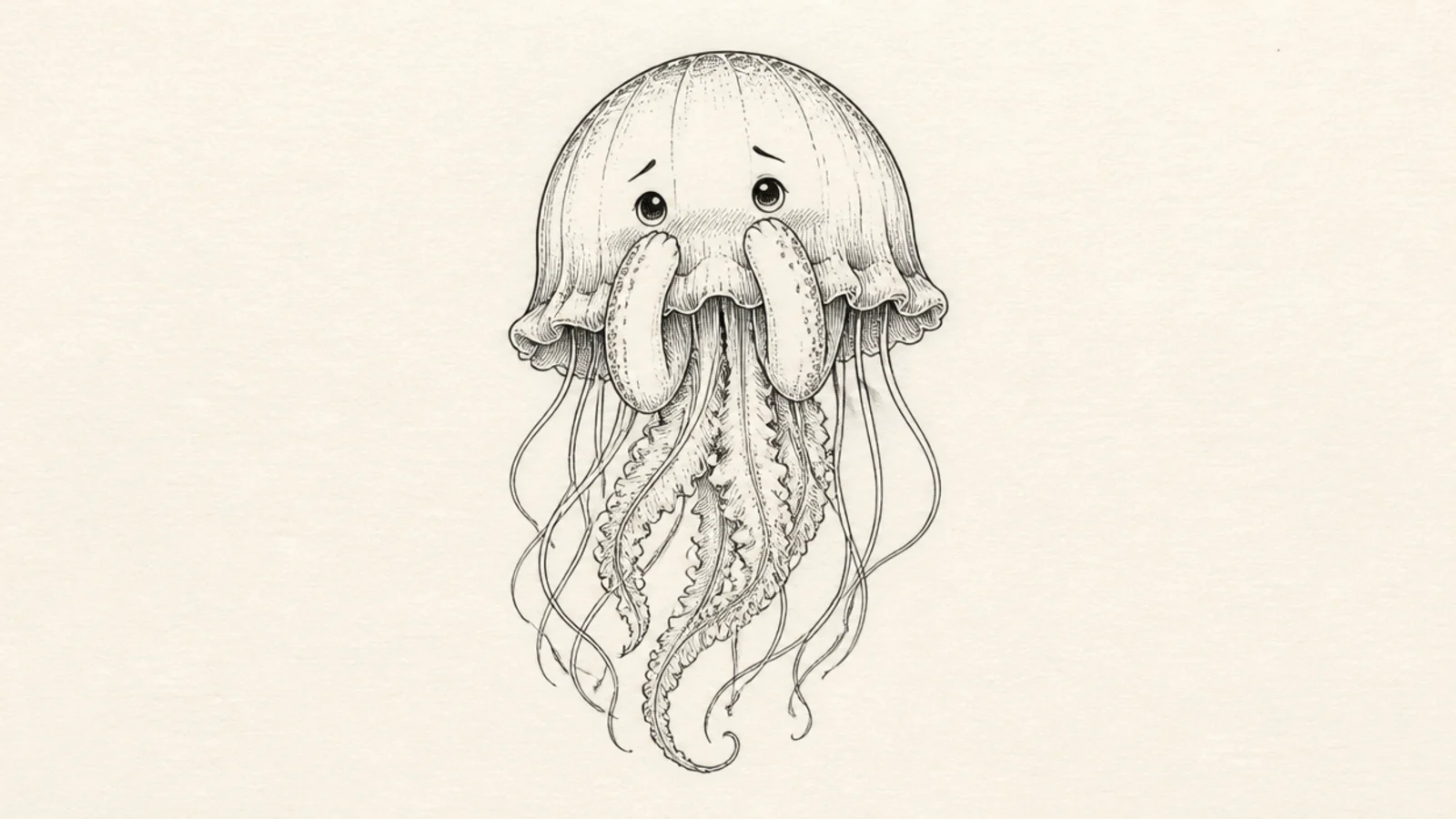 A cute jellyfish with two tentacles squishing its own round cheeks