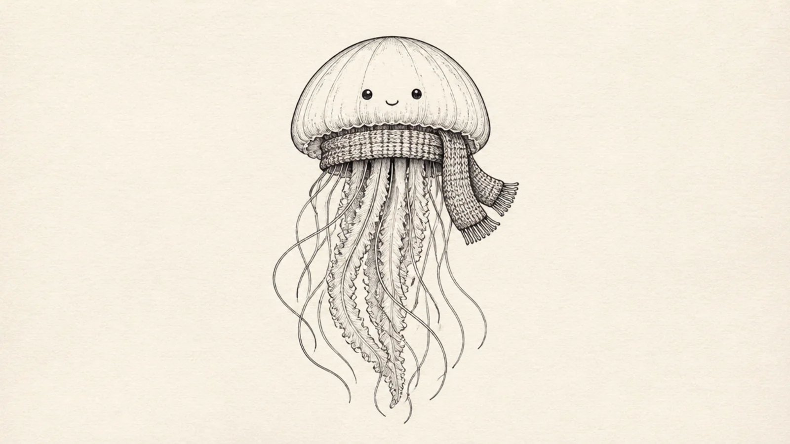 A cute jellyfish wearing a little knitted scarf around its tentacles