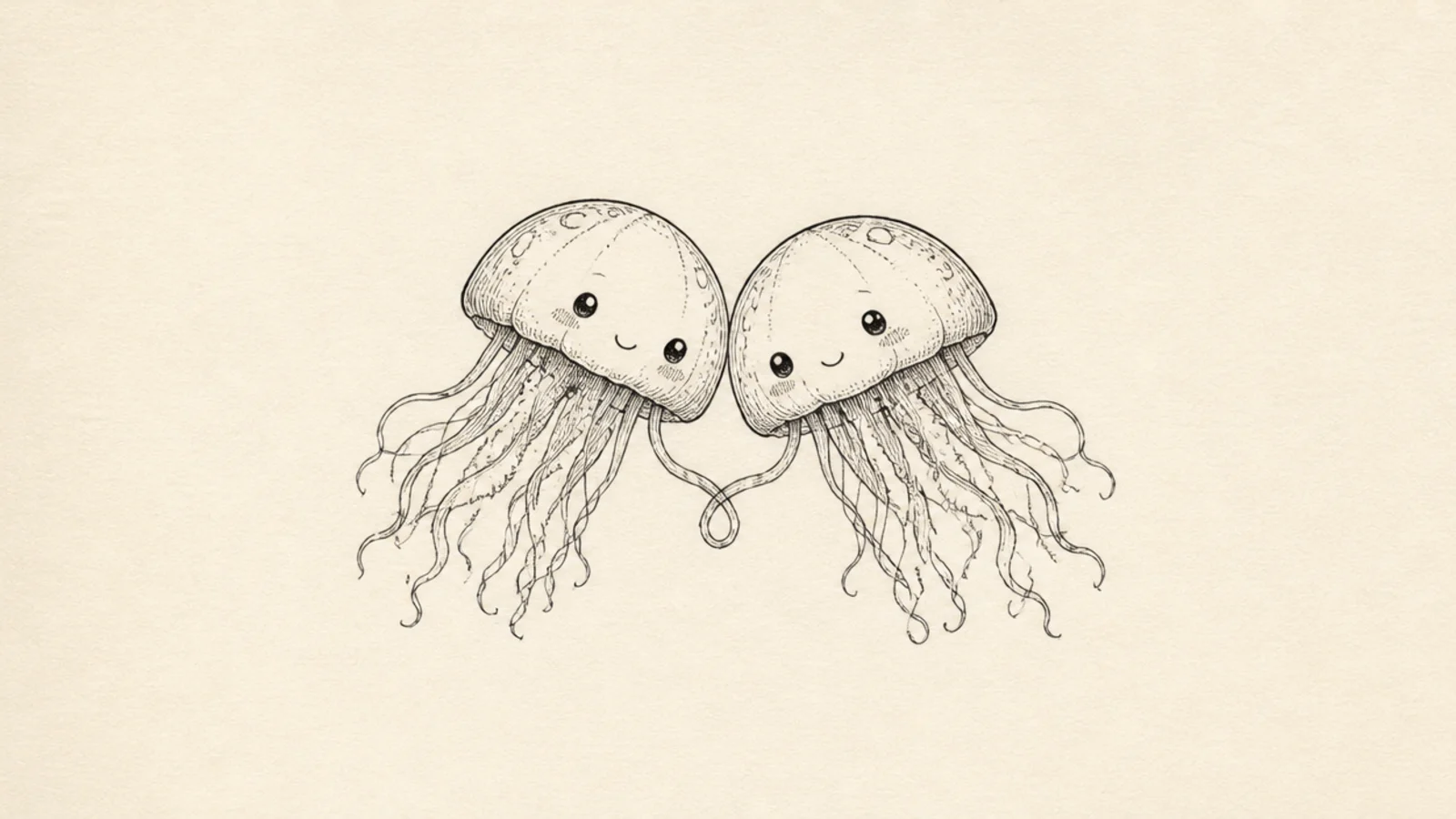 Two cute jellyfish side by side with a little heart between them