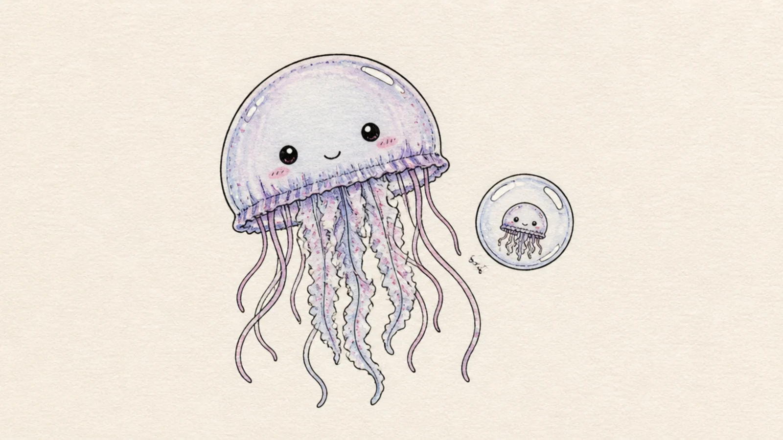 A cute jellyfish next to a tiny bubble with a little face
